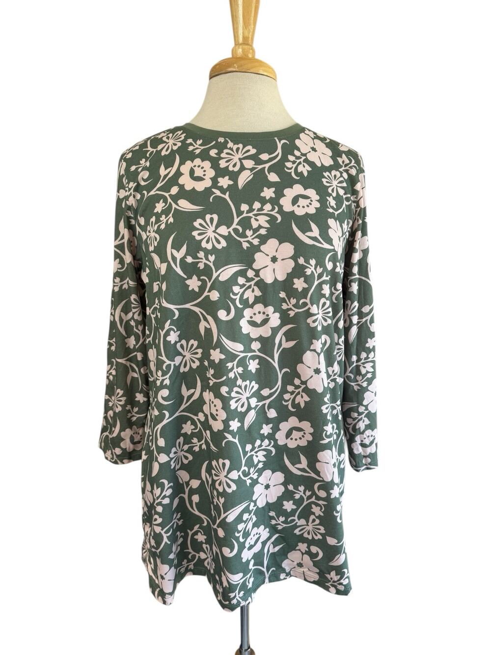 LANDS END Tropical Floral 100% Cotton 3/4 Sleeve Top Sz Medium 10-12 Green Pink
